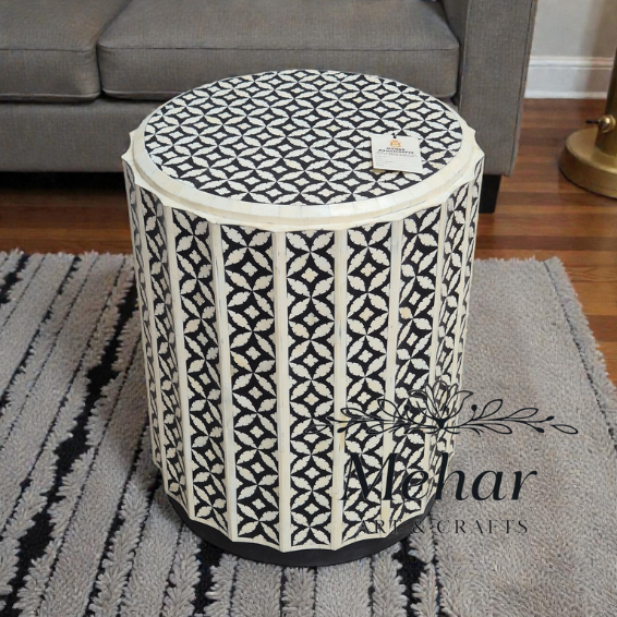 WDN Bone Inlay Side Table In White & Black Finish