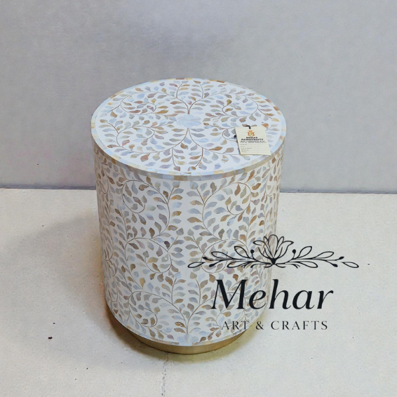 WDN MOP INLAY FLORAL SIDE TABLE IN WHITE FINISH