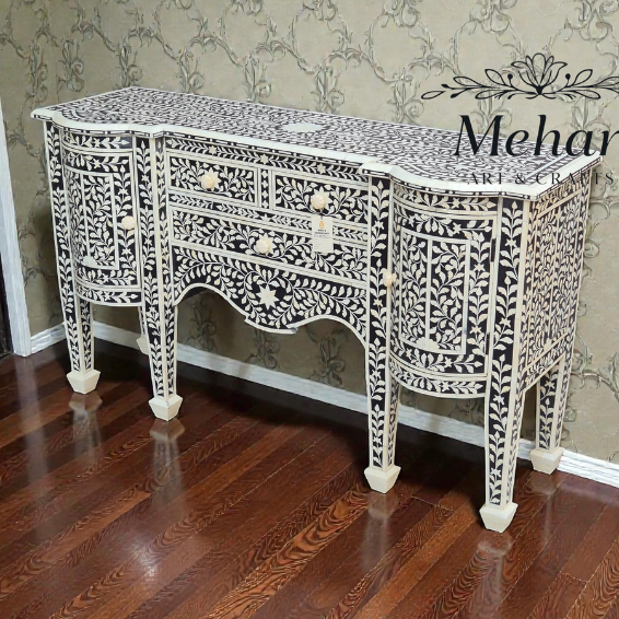 WDN BONE INLAY FLORAL  CHEST OF DRAWERS 3 DRA. 2 DOOR IN WHITE & BLACK FINISH