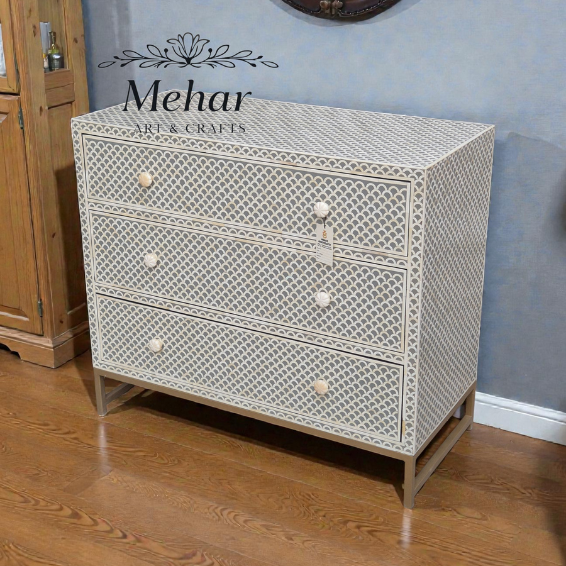 WDN BONE INLAY CHEST OF DRAWER WITH 3 DRAWER WITH IRON BASE
