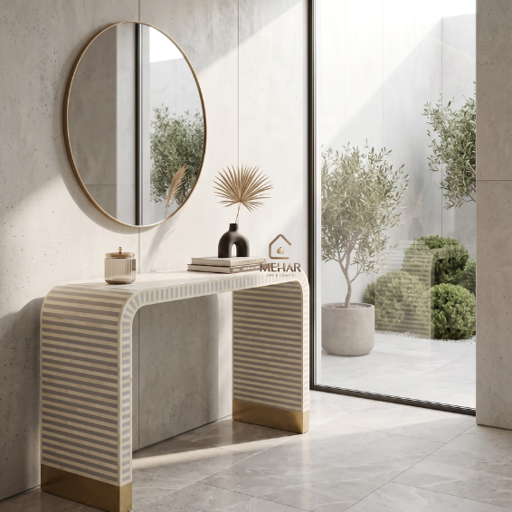 1 (3) WDN BONE INLAY U SHAPED CONSOLE TABLE (STRIPPED PATTERN / DESIGN)