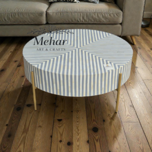 WDN BONE INLAY ROUND COFFEE TABLE WITH IRON LEGS (STRIPPED PATTERN)