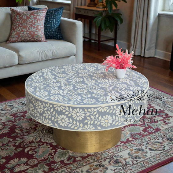 WDN BONE INLAY FLORAL COFFEE TABLE IN WHITE & GREY FINISH