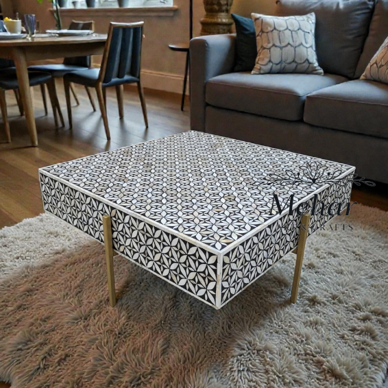 WDN BONE INLAY COFFEE TABLE WITH IRON LEGS