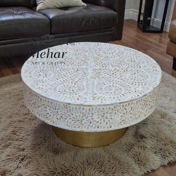 WDN MOP INLAY FLORAL COFFEE TABLE IN WHITE FINISH