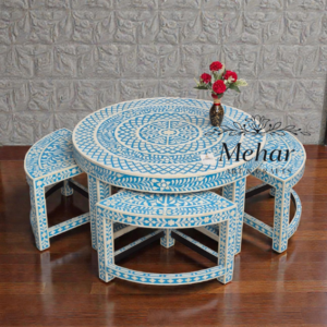 WDN BONE INLAY FLORAL COFFEE TABLE WITH MATCHING STOOL (SET OF 5)