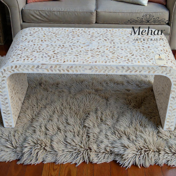 WDN FLORAL MOP INLAY U SHAPE COFFEE TABLE IN WHITE FINISH