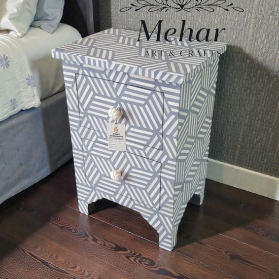 India Touch WDN Bone Inlay Bedside Table with 2 Drawers