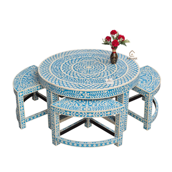 1 WDN BONE INLAY FLORAL COFFEE TABLE WITH MATCHING STOOL (SET OF 5)