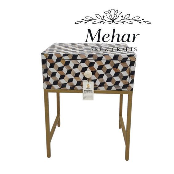 WDN Resin Inlay Bedside Table with Iron Base (1 Drawer)