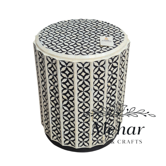 WDN Bone Inlay Side Table In White & Black Finish