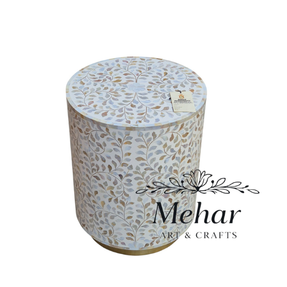 WDN MOP INLAY FLORAL SIDE TABLE IN WHITE FINISH