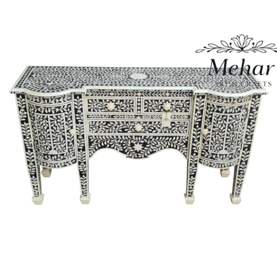 WDN BONE INLAY FLORAL  CHEST OF DRAWERS 3 DRA. 2 DOOR IN WHITE & BLACK FINISH