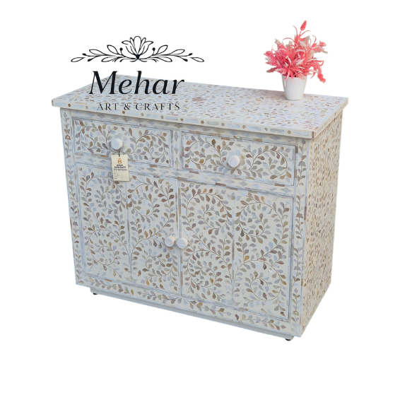 WDN FLORAL  MOP INLAY CHEST OF DRAWER WITH 2 DRAWER 2 DOOR