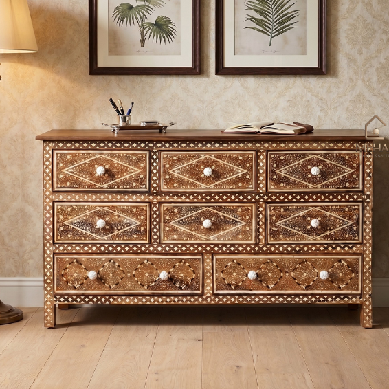 2 (3) WDN BONE INLAY WORK SIDEBOARD 8 DRAWER