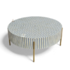 2 (3) WDN BONE INLAY ROUND COFFEE TABLE WITH METAL LEGS (STRIPPED PATTERN)
