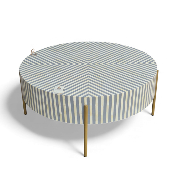 2 (3) WDN BONE INLAY ROUND COFFEE TABLE WITH METAL LEGS (STRIPPED PATTERN)