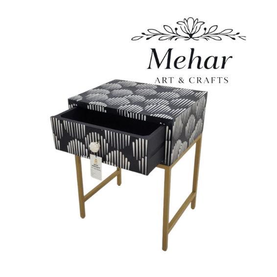 WDN Bone Inlay Bedside Table with Iron Base (1 Drawer)
