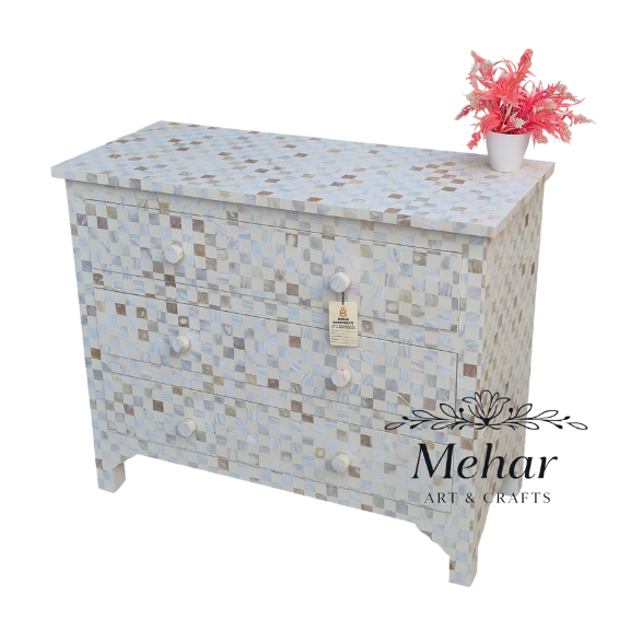 WDN MOP INLAY CHEST OF DRAWER WITH 3 DRAWER IN WHITE FINISH
