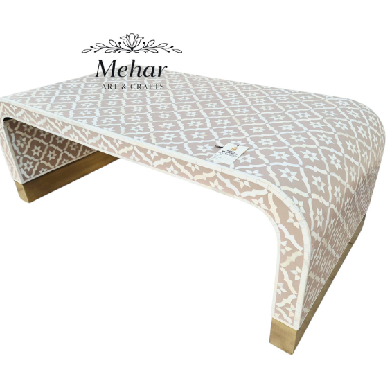 WDN BONE INLAY U SHAPE COFFEE TABLE IN WHITE & BIEGE  FINISH