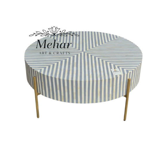 WDN BONE INLAY ROUND COFFEE TABLE WITH IRON LEGS (STRIPPED PATTERN)
