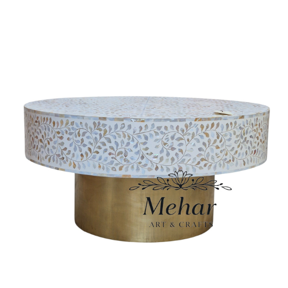 WDN MOP INLAY FLORAL COFFEE TABLE IN WHITE FINISH