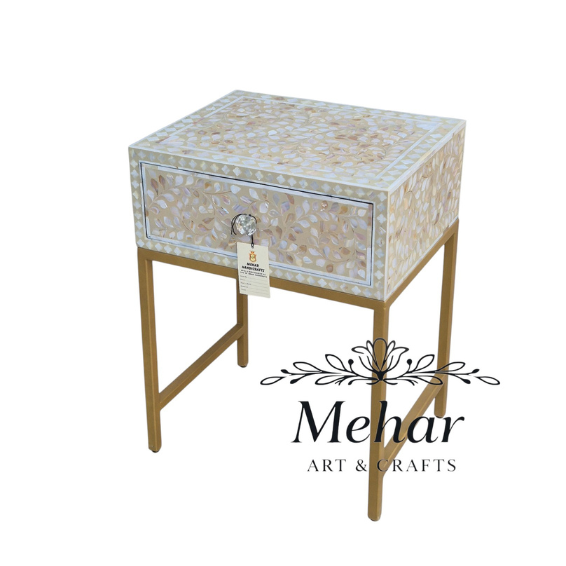 MOP Floral Inlay Bedside Table with Iron Base (1 DR)