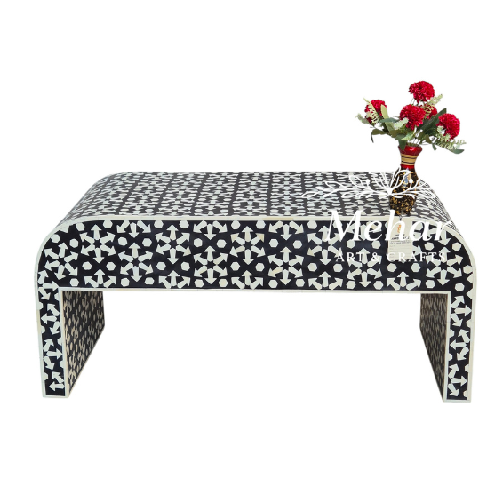 WDN MOP INLAY U SHAPE COFFEE TABLE 2 DRAWER IN BLACK FINISH