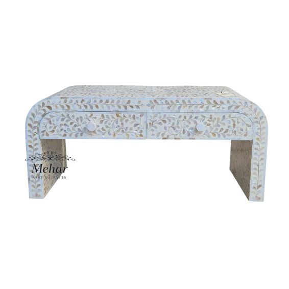 WDN FLORAL BONE INLAY U SHAPE COFFEE TABLE 2 DRAWER
