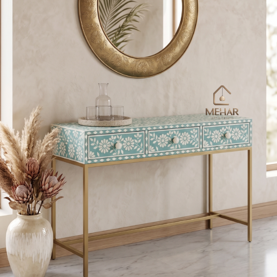 2 WDN FLORAL BONE INLAY CONSOLE TABLE WITH 3 DRAWER
