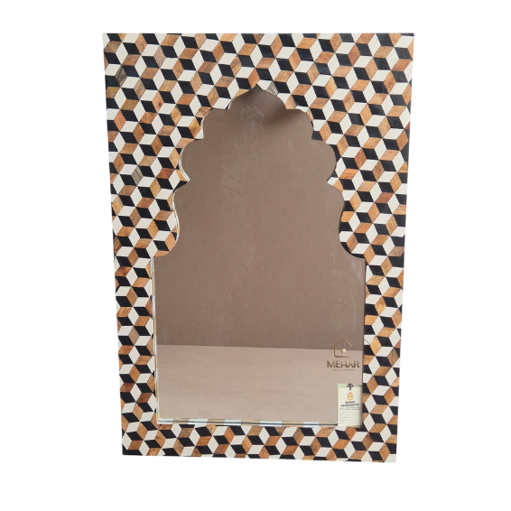 HANDCRAFTED TEAK WOOD INLAY MIRROR FRAME | GEOMETRIC WALL MIRROR
