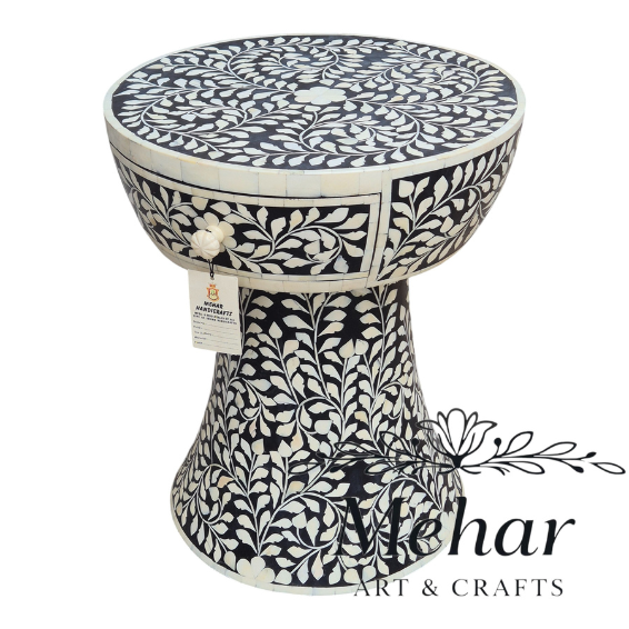 WDN Floral Bone Inlay Bedside Table (1 Drawer)