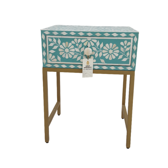 WDN, BONE INLAY FLORAL BEDSIDE TABLE/ NIGHTSTAND WITH IRON BASE (1 DR)