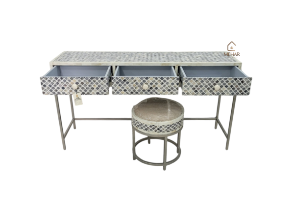 20240710_163141 WDN BONE INLAY CONSOLE TABLE 3 DRAWERS WITH MATCHING STOOL