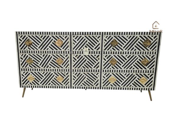 WDN BONE INLAY SIDEBOARD- BLACK & WHITE CHEST OF 9 DRAWER