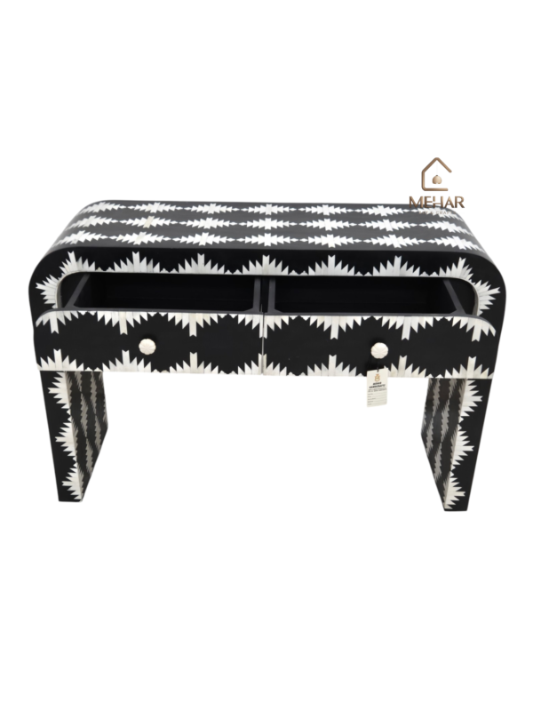 20240727_185322 WDN BONE INLAY U CONSOLE TABLE 2 DRAWER- BLACK & WHITE