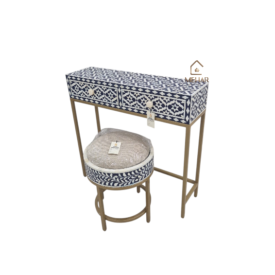 20241013_143650 WDN BONE INLAY CONSOLE TABLE 2 DRAWER WITH MATCHING STOOL