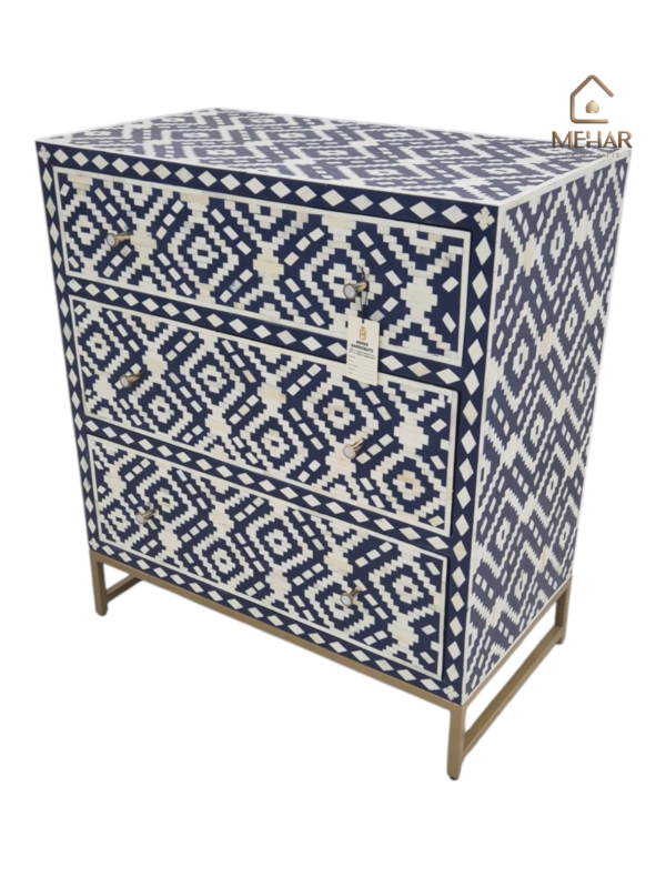 20241013_144611 WDN BONE INLAY CHEST OF DRAWERS 3 DRAWER WITH METAL BASE