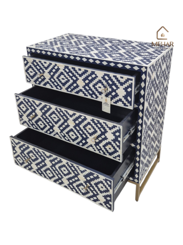 20241013_144651 WDN BONE INLAY CHEST OF DRAWERS 3 DRAWER WITH METAL BASE