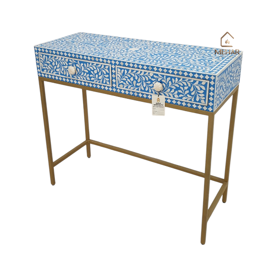WDN BONE INLAY FLORAL CONSOLE TABLE WITH METAL BASE 2 DRAWER