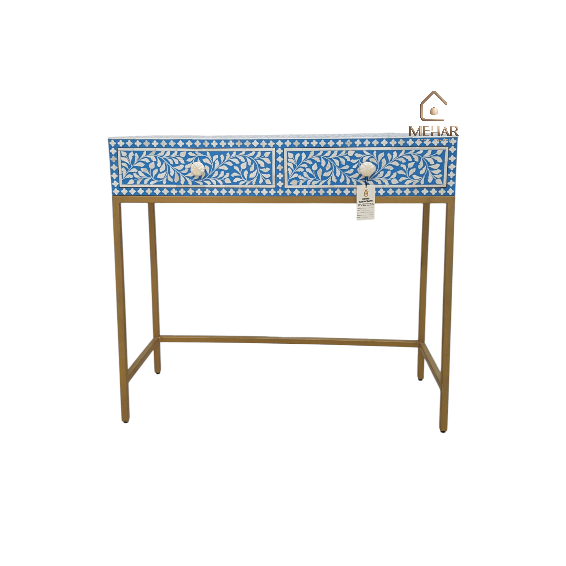 WDN BONE INLAY FLORAL CONSOLE TABLE WITH METAL BASE 2 DRAWER
