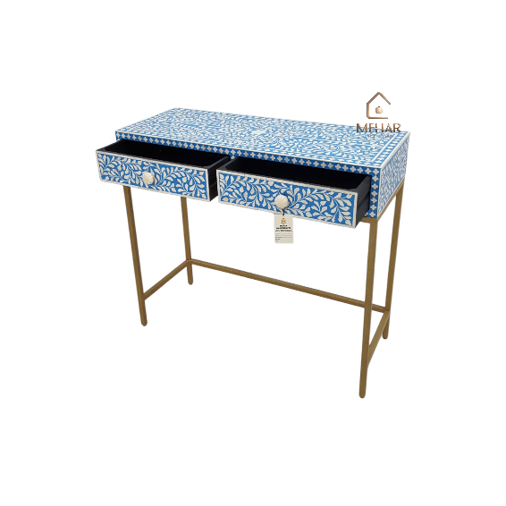WDN BONE INLAY FLORAL CONSOLE TABLE WITH METAL BASE 2 DRAWER