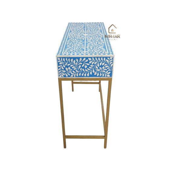 WDN BONE INLAY FLORAL CONSOLE TABLE WITH METAL BASE 2 DRAWER