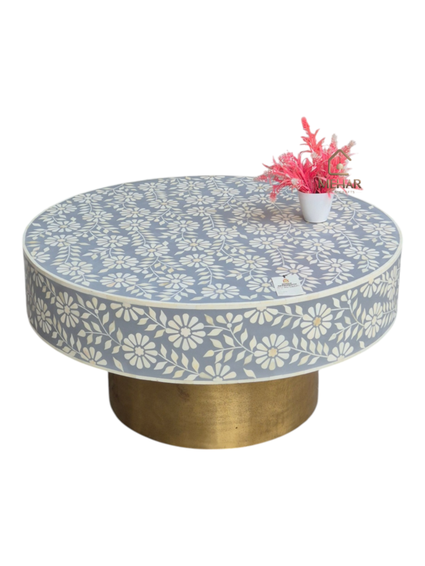 WDN BONE INLAY FLORAL COFFEE TABLE IN WHITE & GREY FINISH