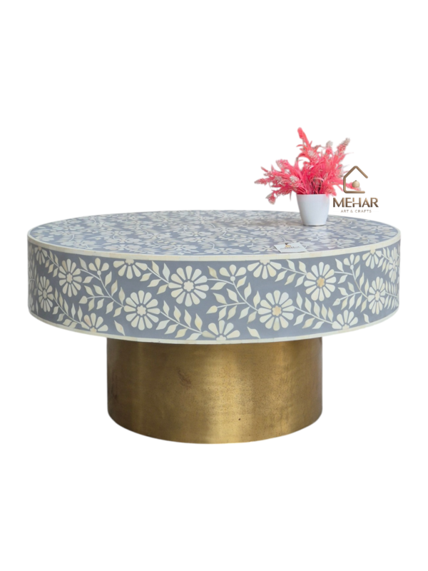 WDN BONE INLAY FLORAL COFFEE TABLE IN WHITE & GREY FINISH
