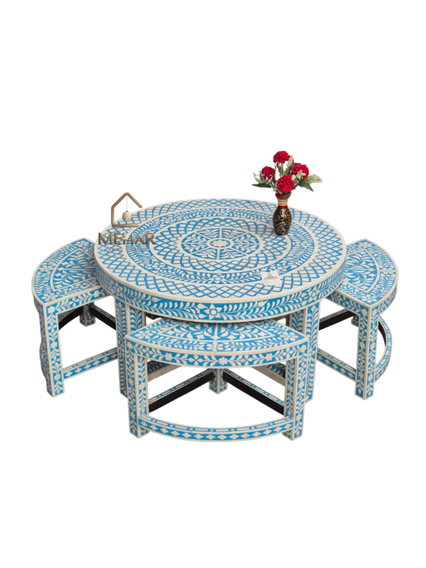 20251010_175055 (1) WDN BONE INLAY FLORAL COFFEE TABLE WITH MATCHING STOOL (SET OF 5)