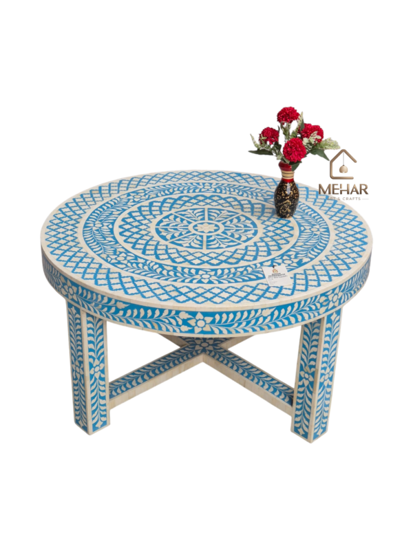 20251010_175206 WDN BONE INLAY FLORAL COFFEE TABLE WITH MATCHING STOOL (SET OF 5)