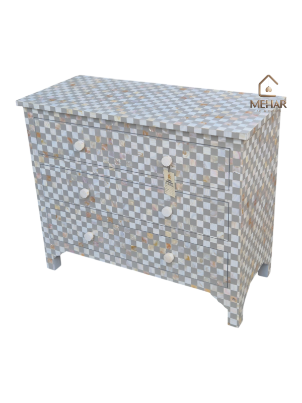 WDN MOTHER OF PEARL INLAY CHEST OF 3 DRAWER IN GREY FINISH