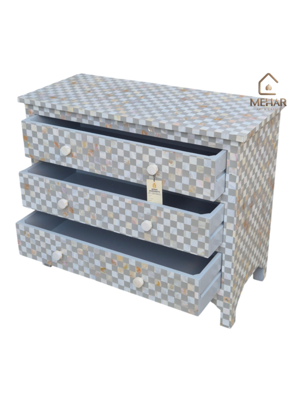 WDN MOTHER OF PEARL INLAY CHEST OF 3 DRAWER IN GREY FINISH