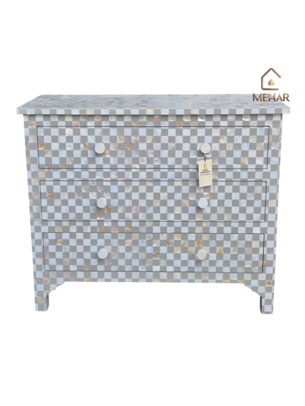 WDN MOTHER OF PEARL INLAY CHEST OF 3 DRAWER IN GREY FINISH
